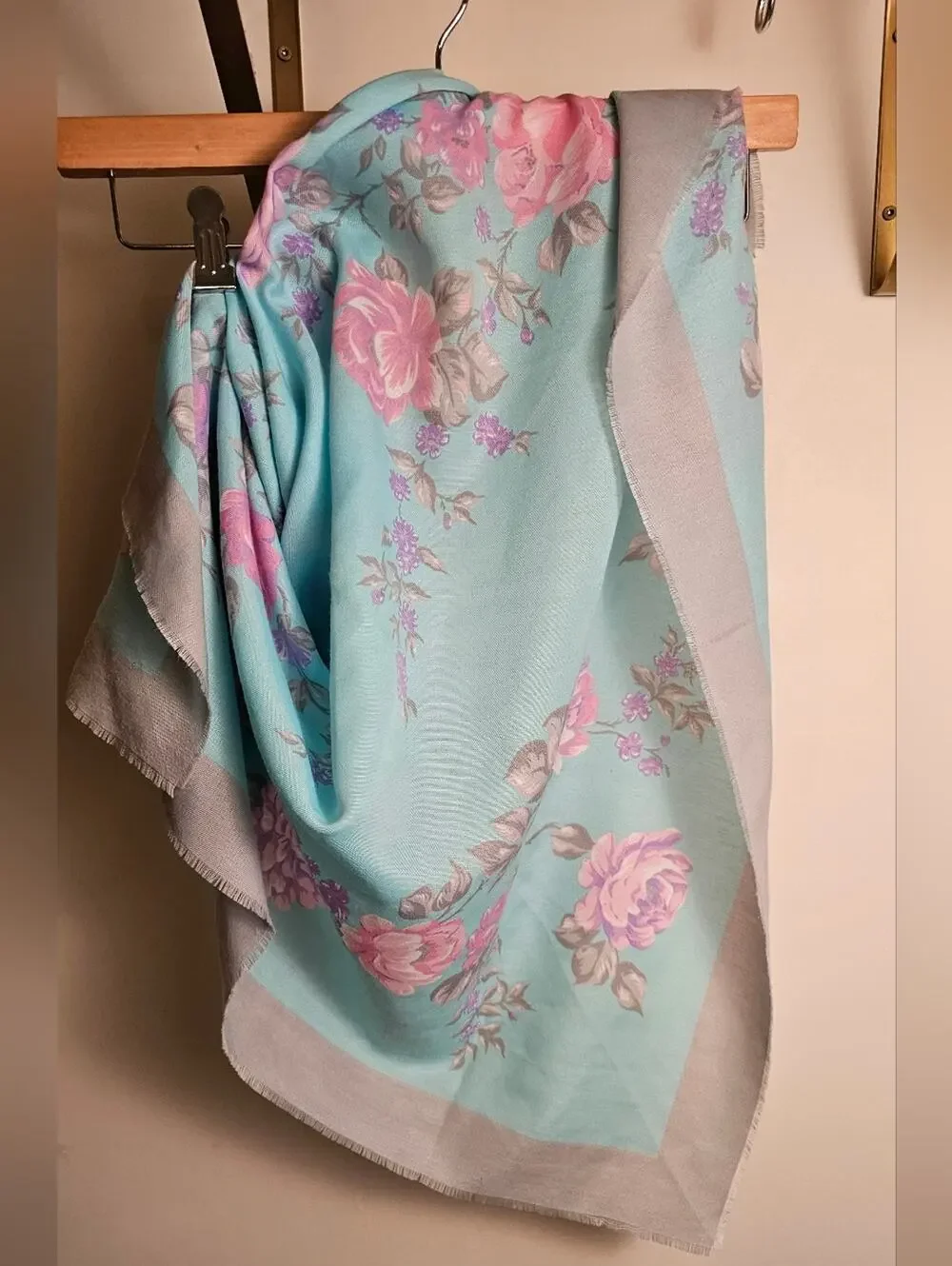 Made In Italy Pastel Floral Light Blue Scarf with Pink Roses